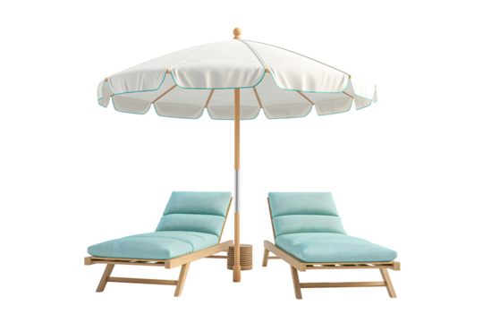 beach umbrella and lounge chairs isolated on transparent background - Powered by Adobe