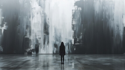 abstract large black brushstroke background with towering vertical abstract forms that resemble a cityscape or tall buildings, created with black and gray brushstrokes on a white background