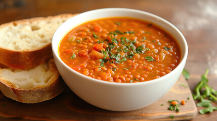 A bowl of red lentil soup on a wooden surface, accompanied by a slice of crusty bread