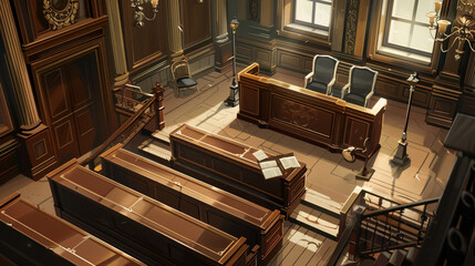 empty courtroom made of wood, benches