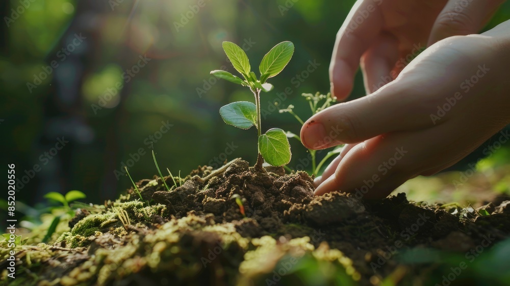 Sticker a small hand reaching out to plant a tiny tree symbolizing the connection between humanity and natur