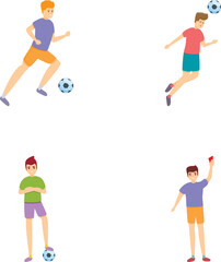 Football icons set cartoon vector. Soccer player kick ball with foot. Sport, hobby