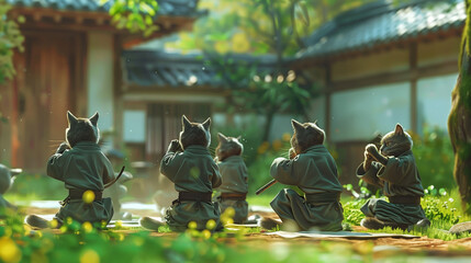 group of cat samurai practicing martial arts in serene garden, peaceful and disciplined training scene