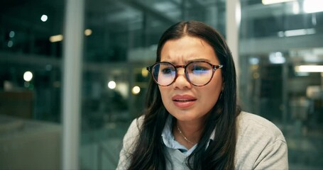 Frustrated, woman and confused with laptop in office for investment, website and phishing email. Night, trader and investor with tech in stress for financial crisis, digital fraud and online scam