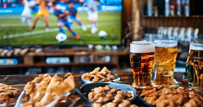 Group of friends watching soccer game on TV with beer and snacks in a bar setting