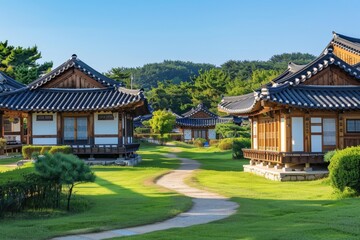 The exterior of the Hanok-inspired resort is set against lush green lawns