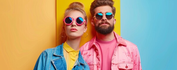 Stylish young man and woman in bright colorful clothes and sunglasses posing on yellow, pink and blue background