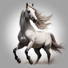 Obraz premium a majestic and powerful white horse in mid-stride. The horse's flowing mane and tail, combined with its dynamic pose, convey a sense of energy and freedom.