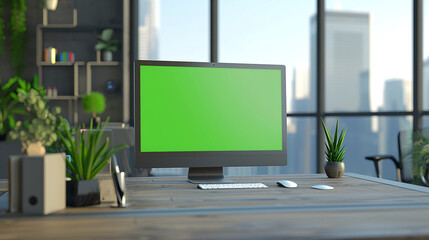 Fototapeta premium computer in office with green screen