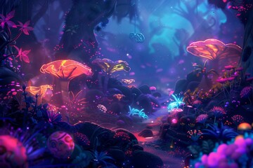 A Nighttime Journey Through A Glowing Forest of Bioluminescent Mushrooms
