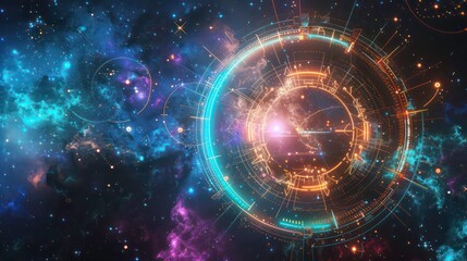 Astrological natal chart, glowing with neon light of some power against a backdrop of stars and constellations in space and universe. Generative AI