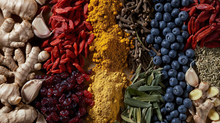 Fototapeta premium Selection of superfoods and spices - goji, blueberries, garlic, ginger, turmeric powder, clove