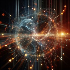 Obraz premium A dynamic digital sphere with interconnected glowing elements and light trails, illustrating advanced technology and connectivity. Great for tech, AI, and futuristic designs.. AI Generation