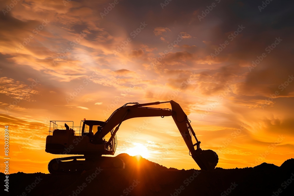 Wall mural silhouette of an excavator at sunset on a construction site. beautiful golden sky creating a dramati