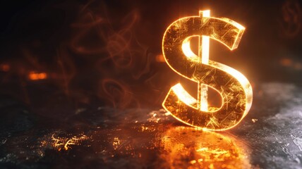 Glowing dollar sign symbol in fiery light on dark background