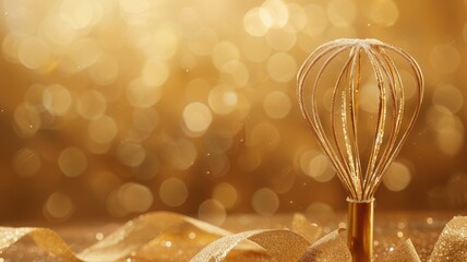 Golden whisk on ribbon against shimmering bokeh background