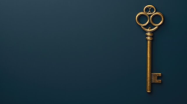 Golden skeleton key with intricate design on dark blue background