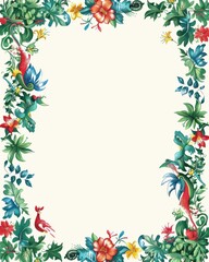 Elegant floral border with lush, colorful tropical flowers and leaves surrounding a blank space on a light background for versatile use