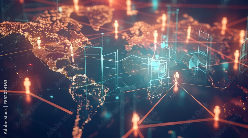 Poster world map with global connection technology represented by glowing lines and icons of people, illust