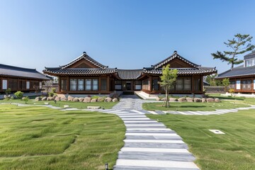Obraz premium The exterior of the Hanok-inspired resort is set against lush green lawns