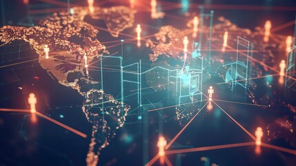 World map with global connection technology represented by glowing lines and icons of people, illustrating a network of communication and data exchange across continents. Generative AI