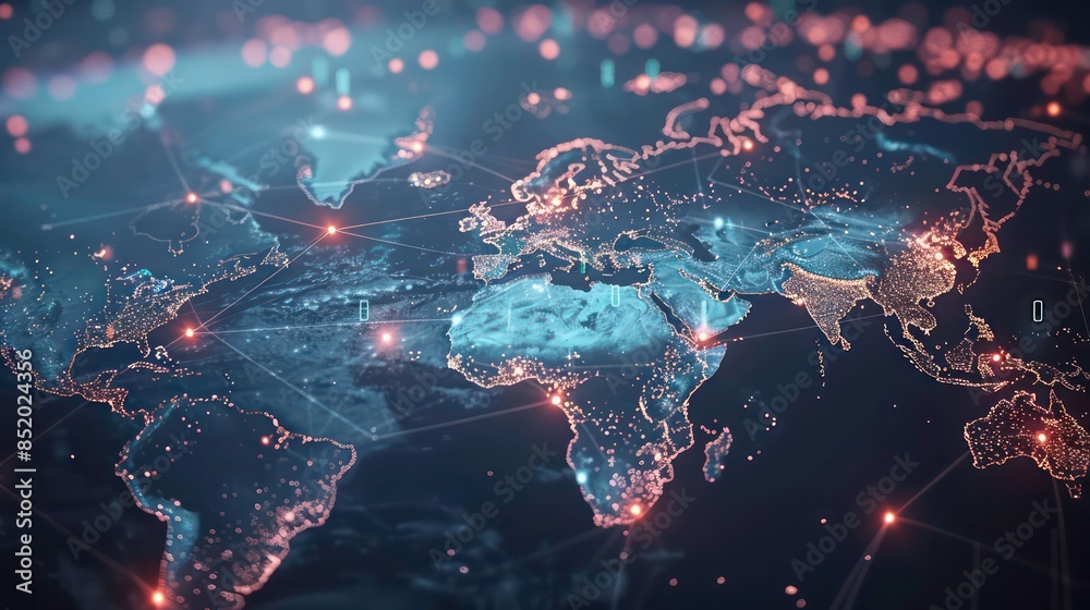 Poster world map with global connection technology represented by glowing lines and icons of people, illust