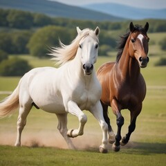 Obraz premium beautiful horses running across a green field.