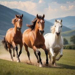 Obraz premium beautiful horses running across a green field.