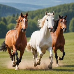 beautiful horses running across a green field.