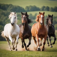 beautiful horses running across a green field.