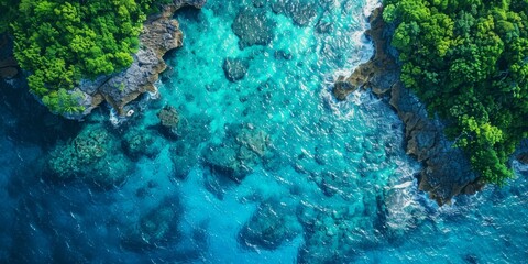 Obraz premium Breathtaking aerial view of lush tropical island surrounded by crystal-clear turquoise ocean, showcasing vibrant marine life and rocky coastline.