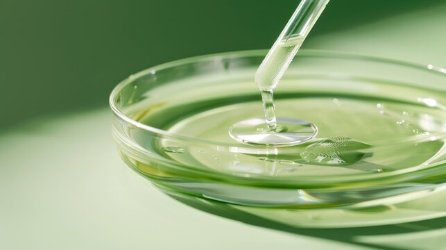 Transparent cosmetic liquid pipetted onto glass petri dish against green backdrop with copy space Texture of serum or oil aloe vera essence emphasized Selective focusing