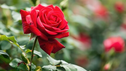 Blooming red rose in the garden