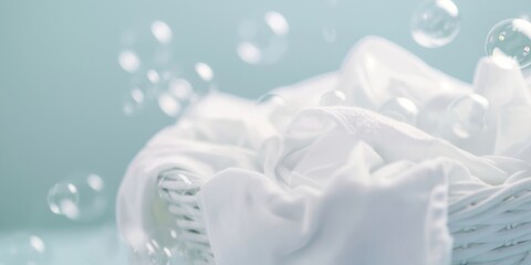 Basket of white laundry and soap bubbles on blue background. Spring cleaning concept, banner with copy space for cleaning service.