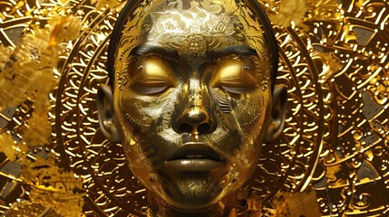 Obraz premium Gold statue of a woman with a mandala background. Glamour and beauty woman portrait gold. High quality AI generated image