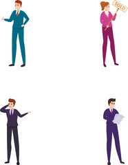 Realtor icons set cartoon vector. Man and woman real estate agent. Property listing, business