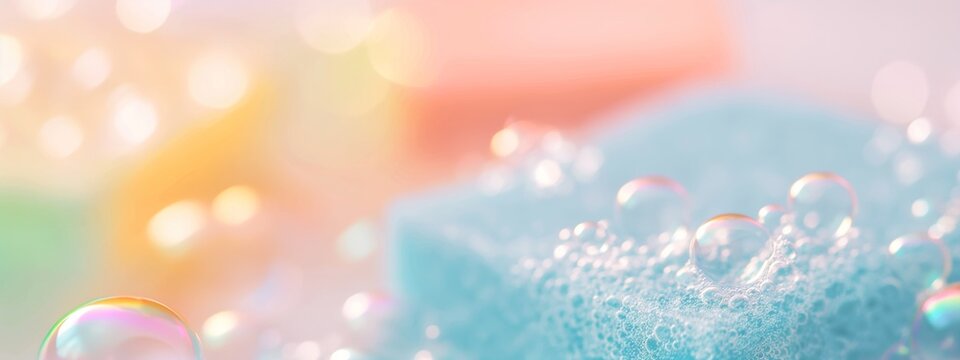 Blue sponge and sparkling soap bubbles on peach background. Cleaning concept, banner for eco-friendly article or for cleaning service.