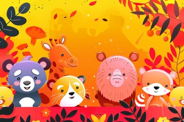Naklejka premium A Colorful Gathering of Curious Jungle Friends Amidst Autumn Leaves