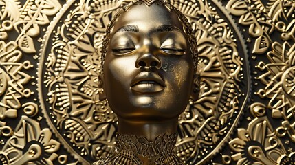 Gold statue of a woman with a mandala background. Glamour and beauty woman portrait gold. High quality AI generated image