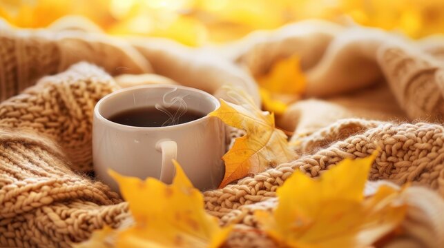 Embrace the essence of autumn with vibrant yellow leaves a steaming cup of coffee and the comfort of a snug blanket Feel the cozy allure of fall mornings captured in this close up shot
