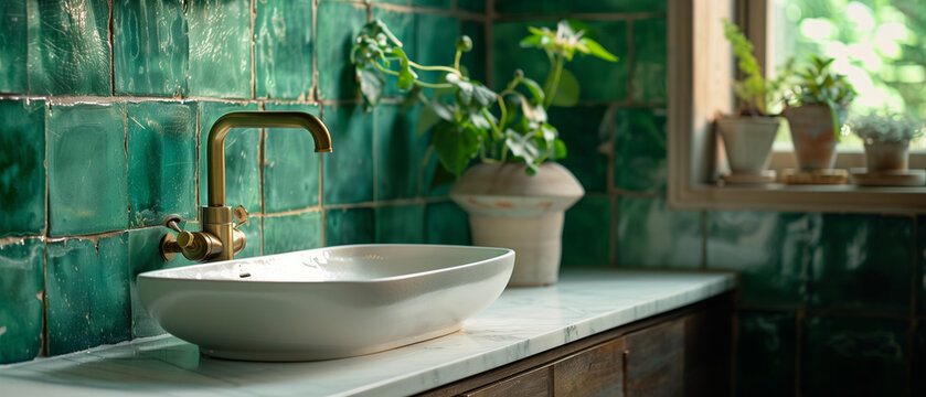 Interior Design Trends. Gold Faucet / Plumbing. Sink Close Up in Bathroom. Emerald Green Glossy Tile