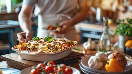 Obraz premium Person preparing baked dish with fresh vegetables in cozy kitchen
