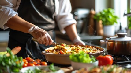 Chef preparing delicious lasagna with fresh ingredients in cozy kitchen