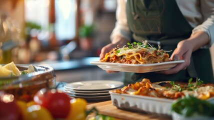 Caucasian woman serving freshly baked lasagna in home kitchen setting