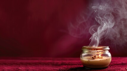 Candle jar with fragrant smoke on red background