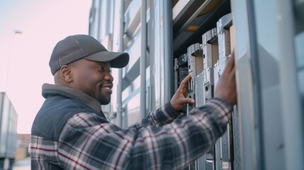 An African American truck driver checks cargo doors for security