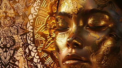 Obraz premium Gold statue of a woman with a mandala background. Glamour and beauty woman portrait gold. High quality AI generated image