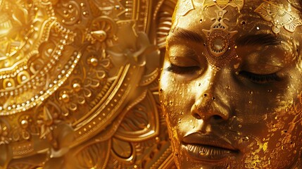 Obraz premium Gold statue of a woman with a mandala background. Glamour and beauty woman portrait gold. High quality AI generated image