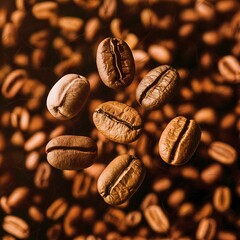 Fototapeta premium Floating and Rotating Coffee Beans in Mid-Air : Dynamic Motion Image with Various Angles and Depths