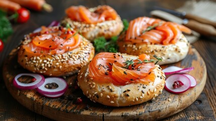 Bagels with Smoked Salmon and Vegetables on Wood Background